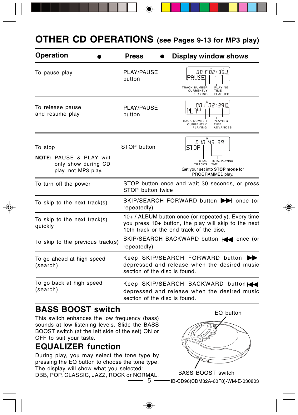 Other cd operations, Bass boost switch, Equalizer function | Lenoxx Electronics CD-96 User Manual | Page 6 / 20