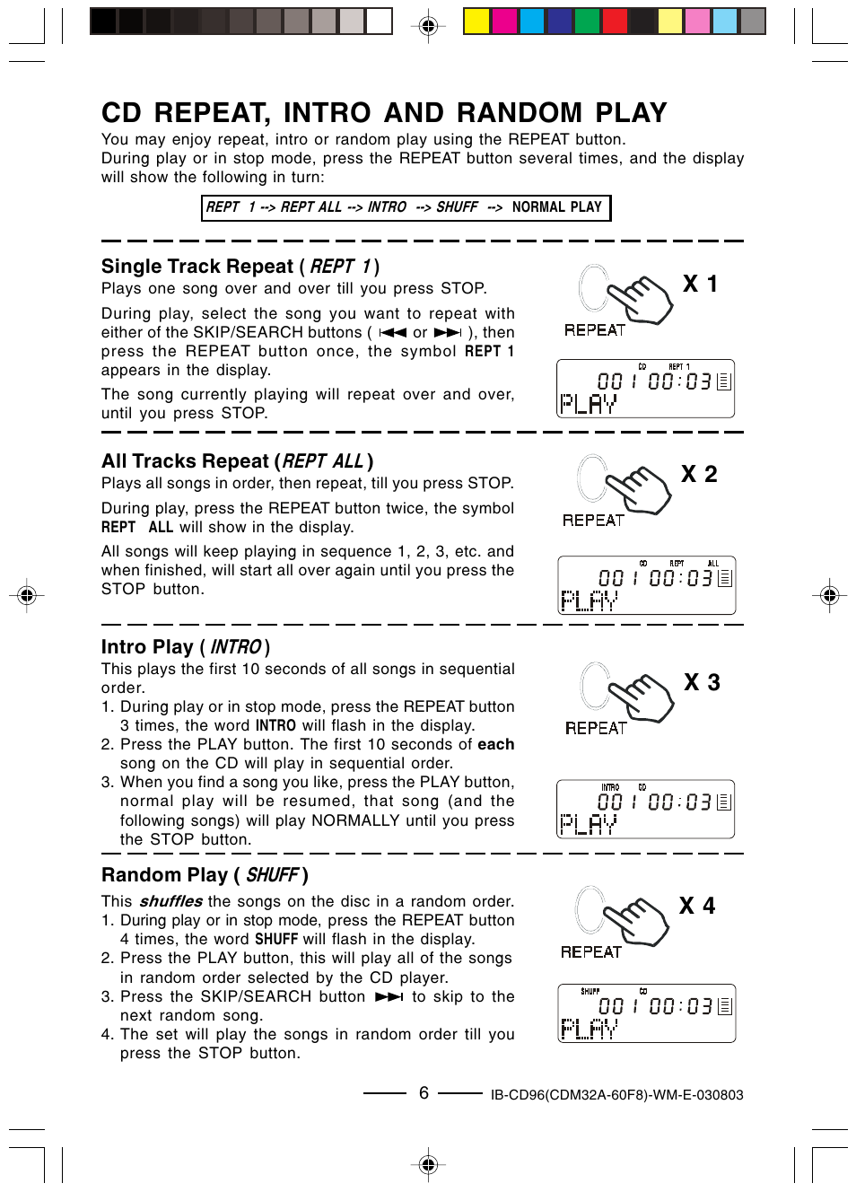 Cd repeat, intro and random play, X 1 x 2 x 3 x 4 | Lenoxx Electronics CD-96 User Manual | Page 7 / 20