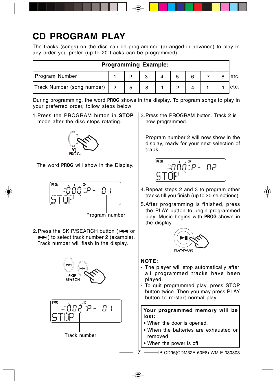 Cd program play | Lenoxx Electronics CD-96 User Manual | Page 8 / 20
