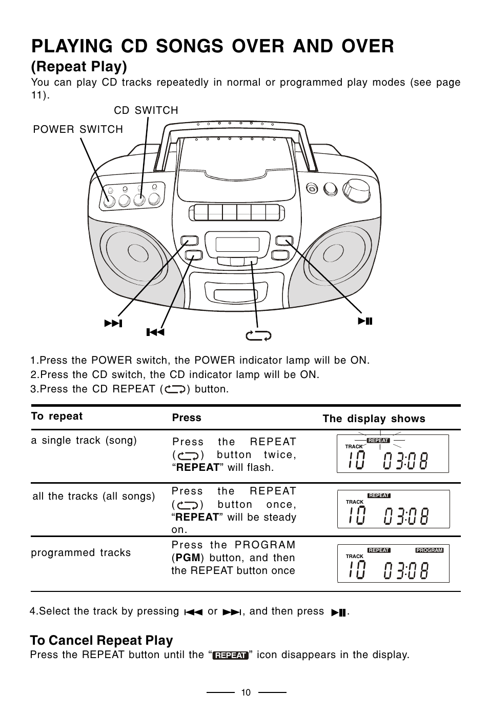 Playing cd songs over and over, Repeat play) | Lenoxx Electronics CD-210 User Manual | Page 11 / 21