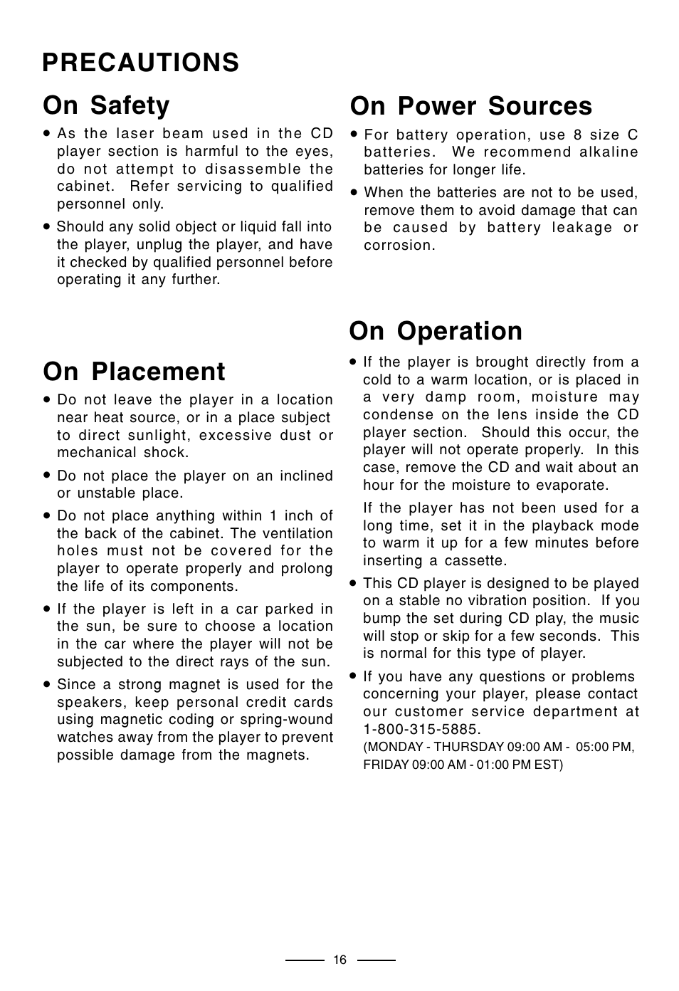 Precautions on safety, On power sources, On operation | On placement | Lenoxx Electronics CD-210 User Manual | Page 17 / 21