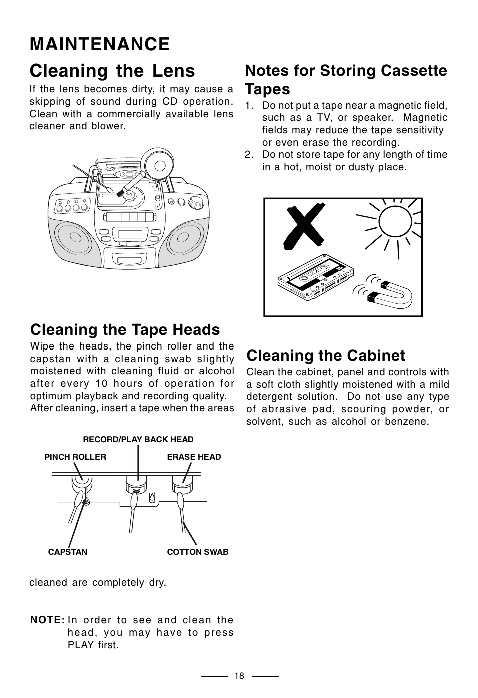 Maintenance cleaning the lens, Cleaning the tape heads, Cleaning the cabinet | Lenoxx Electronics CD-210 User Manual | Page 19 / 21