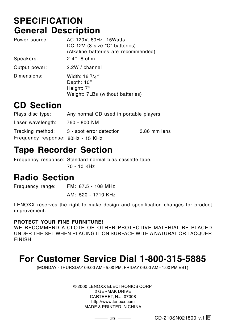 Specification, General description | Lenoxx Electronics CD-210 User Manual | Page 21 / 21