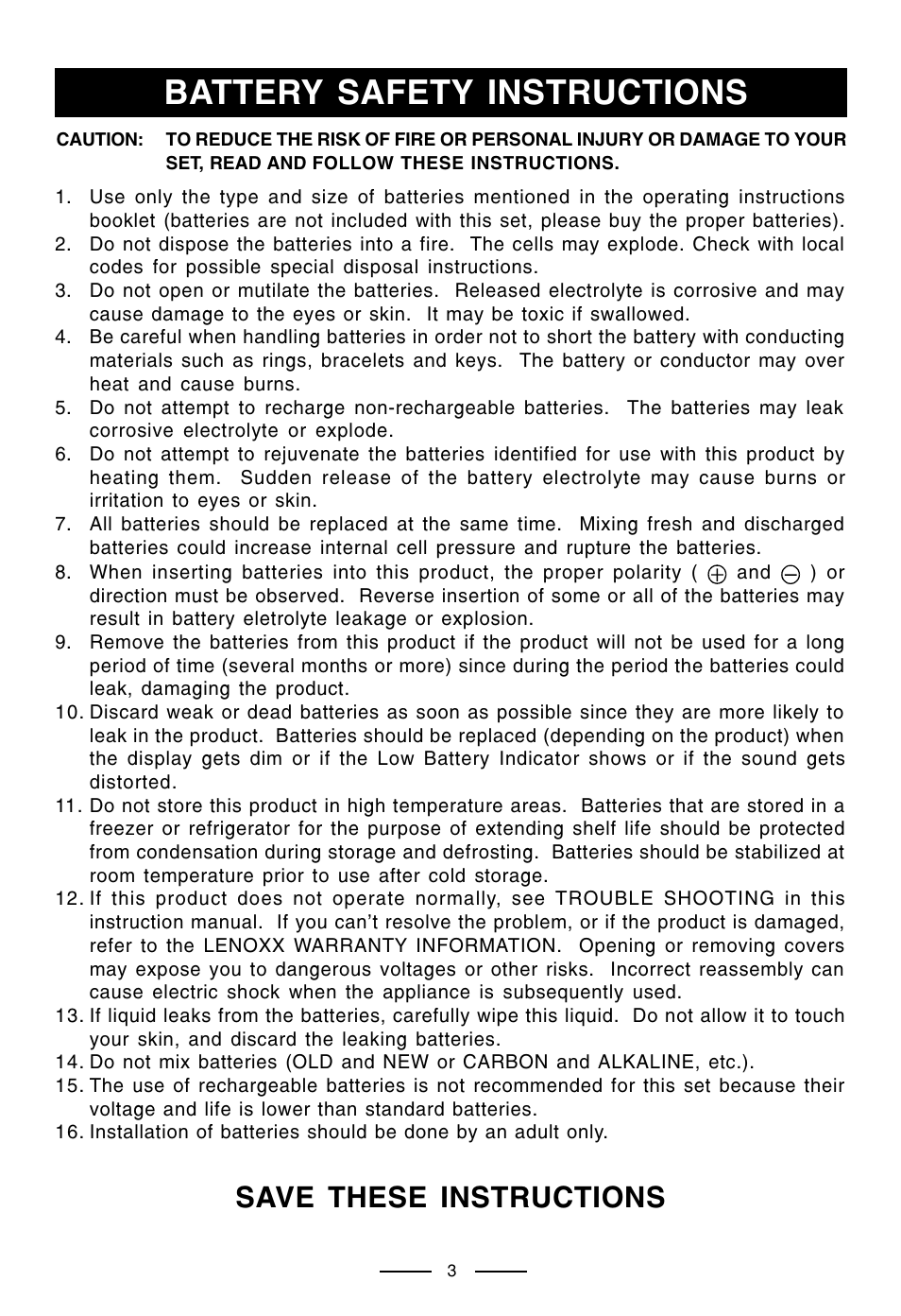 Battery safety instructions, Save these instructions | Lenoxx Electronics CD-210 User Manual | Page 4 / 21