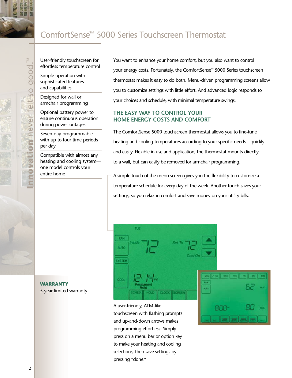 Comfortsense, 5000 series touchscreen thermostat | Lenoxx Electronics ComfortSense 5000 Series User Manual | Page 2 / 4