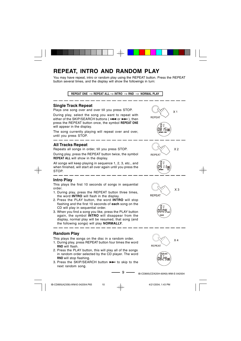 Repeat, intro and random play, Single track repeat, All tracks repeat | Intro play, Random play | Lenoxx Electronics CD-895 User Manual | Page 10 / 18