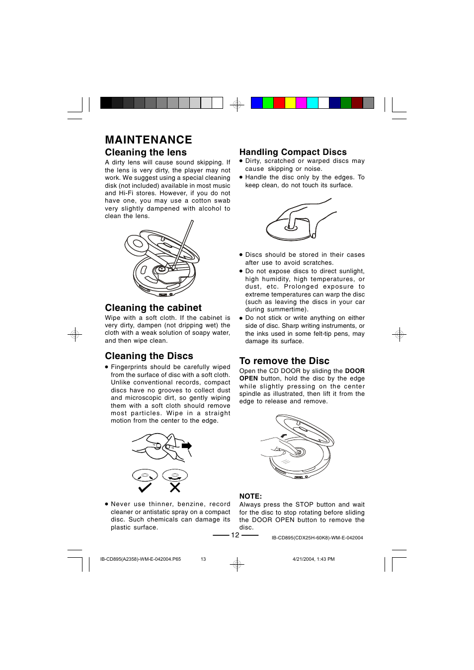 Maintenance, Cleaning the cabinet, Cleaning the lens | Cleaning the discs | Lenoxx Electronics CD-895 User Manual | Page 13 / 18