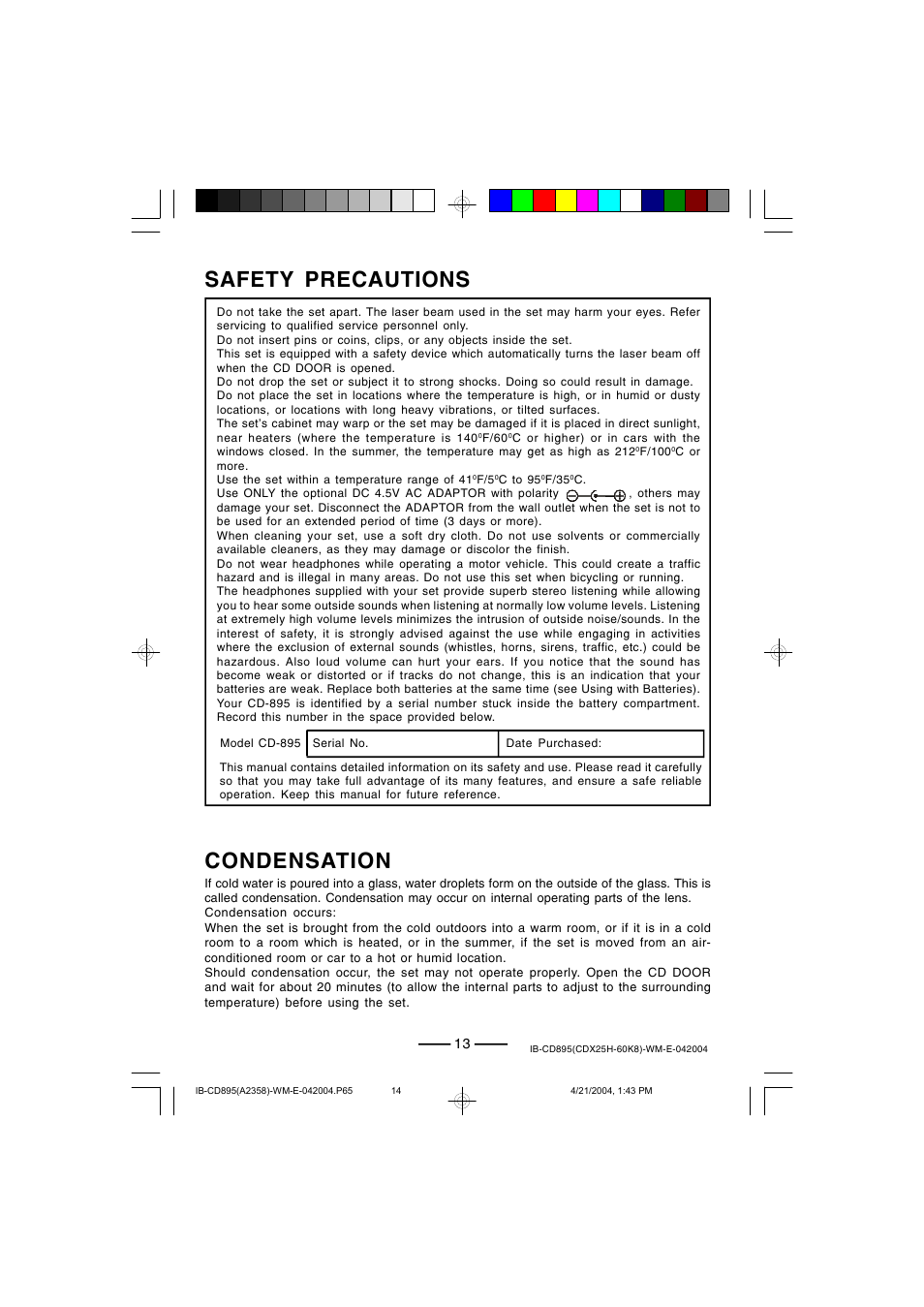 Condensation, Safety precautions | Lenoxx Electronics CD-895 User Manual | Page 14 / 18