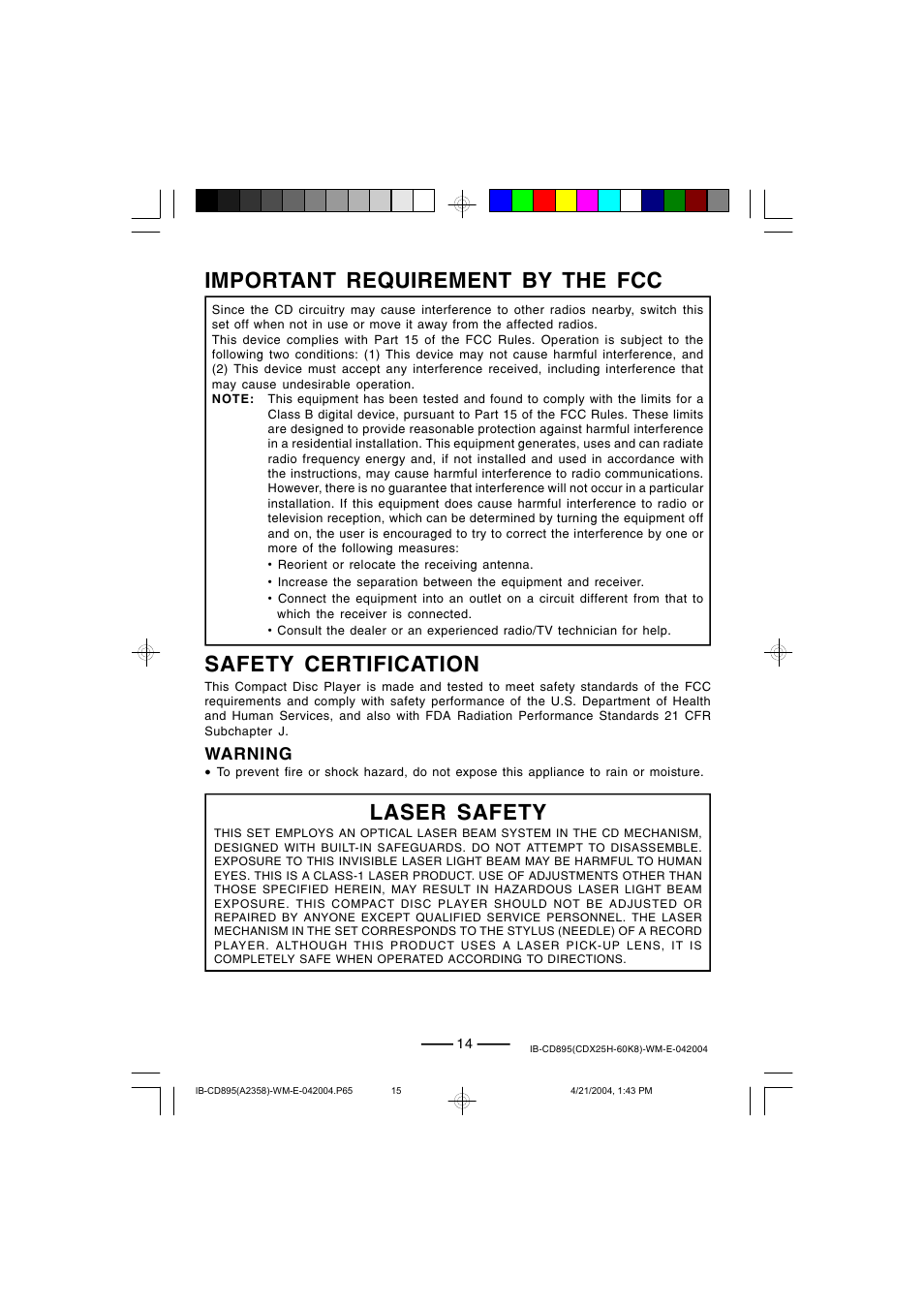Safety certification, Important requirement by the fcc, Laser safety | Lenoxx Electronics CD-895 User Manual | Page 15 / 18