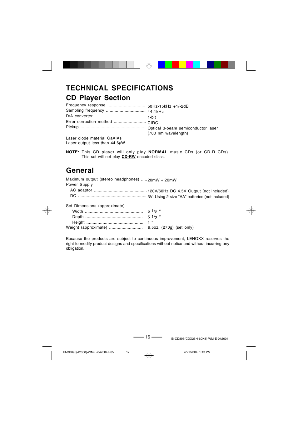 General | Lenoxx Electronics CD-895 User Manual | Page 17 / 18