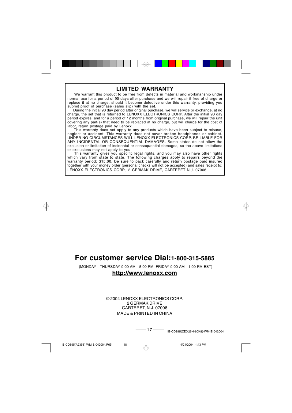 For customer service dial, Limited warranty | Lenoxx Electronics CD-895 User Manual | Page 18 / 18