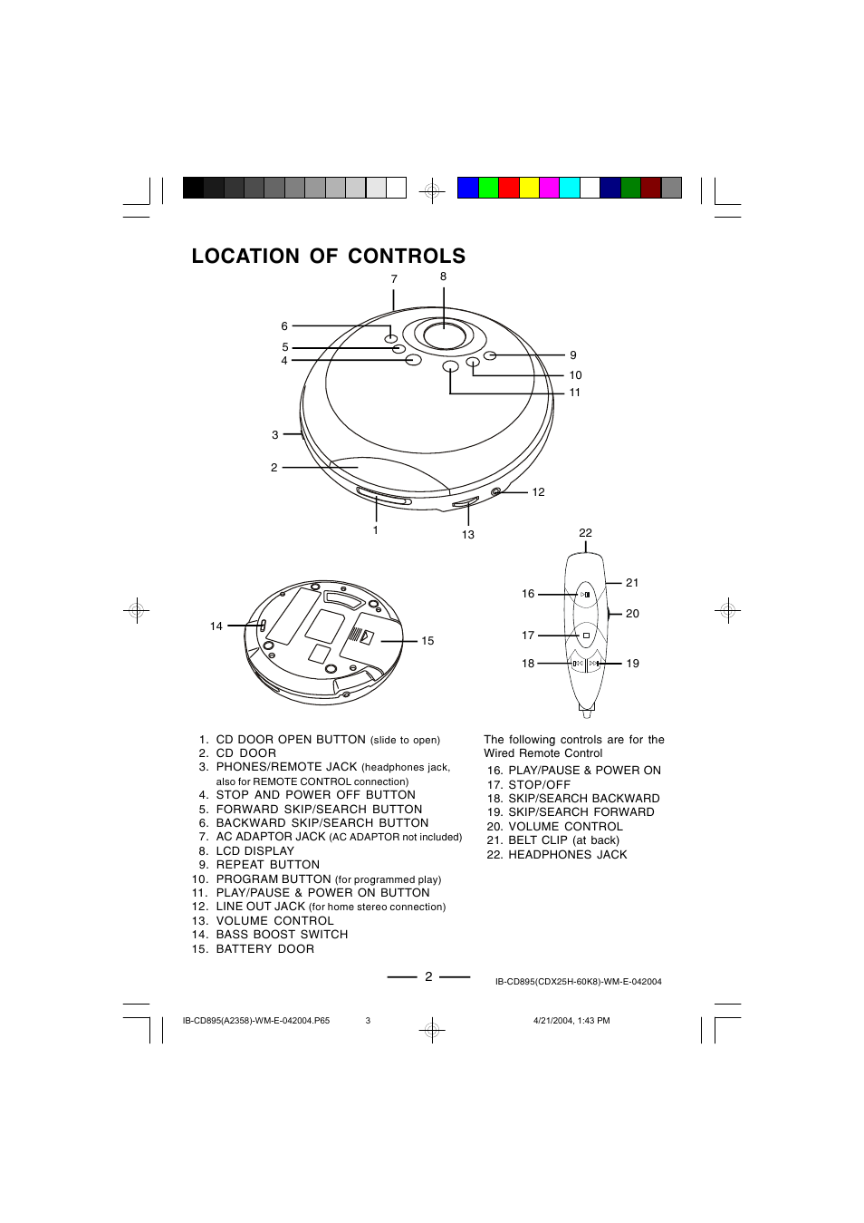 Location of controls | Lenoxx Electronics CD-895 User Manual | Page 3 / 18