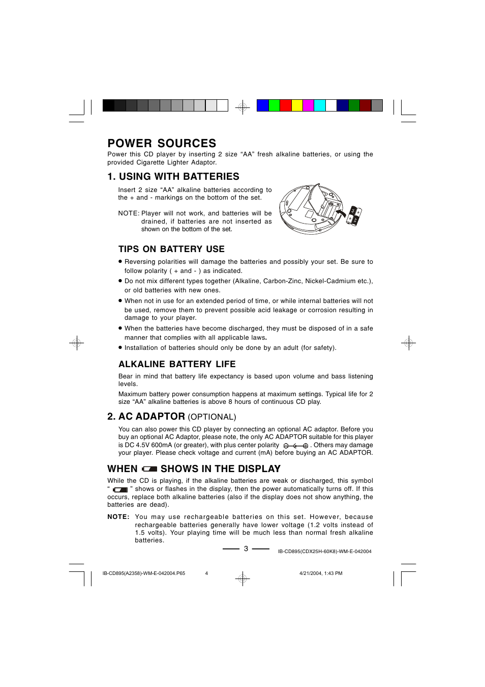 Power sources, Using with batteries, Ac adaptor | When shows in the display y | Lenoxx Electronics CD-895 User Manual | Page 4 / 18