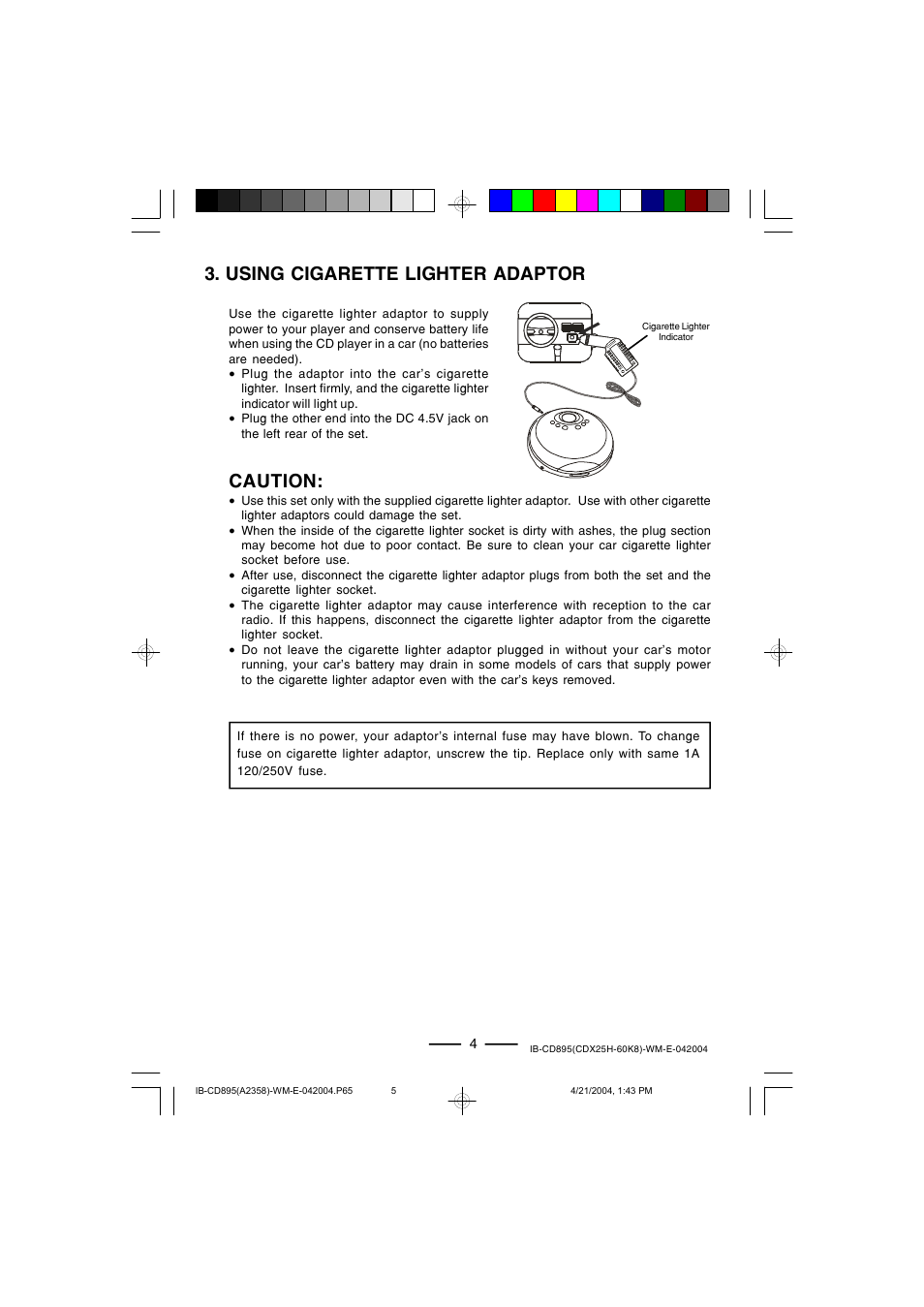 Using cigarette lighter adaptor caution | Lenoxx Electronics CD-895 User Manual | Page 5 / 18