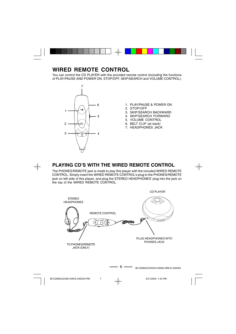 Wired remote control, Playing cd’s with the wired remote control | Lenoxx Electronics CD-895 User Manual | Page 7 / 18