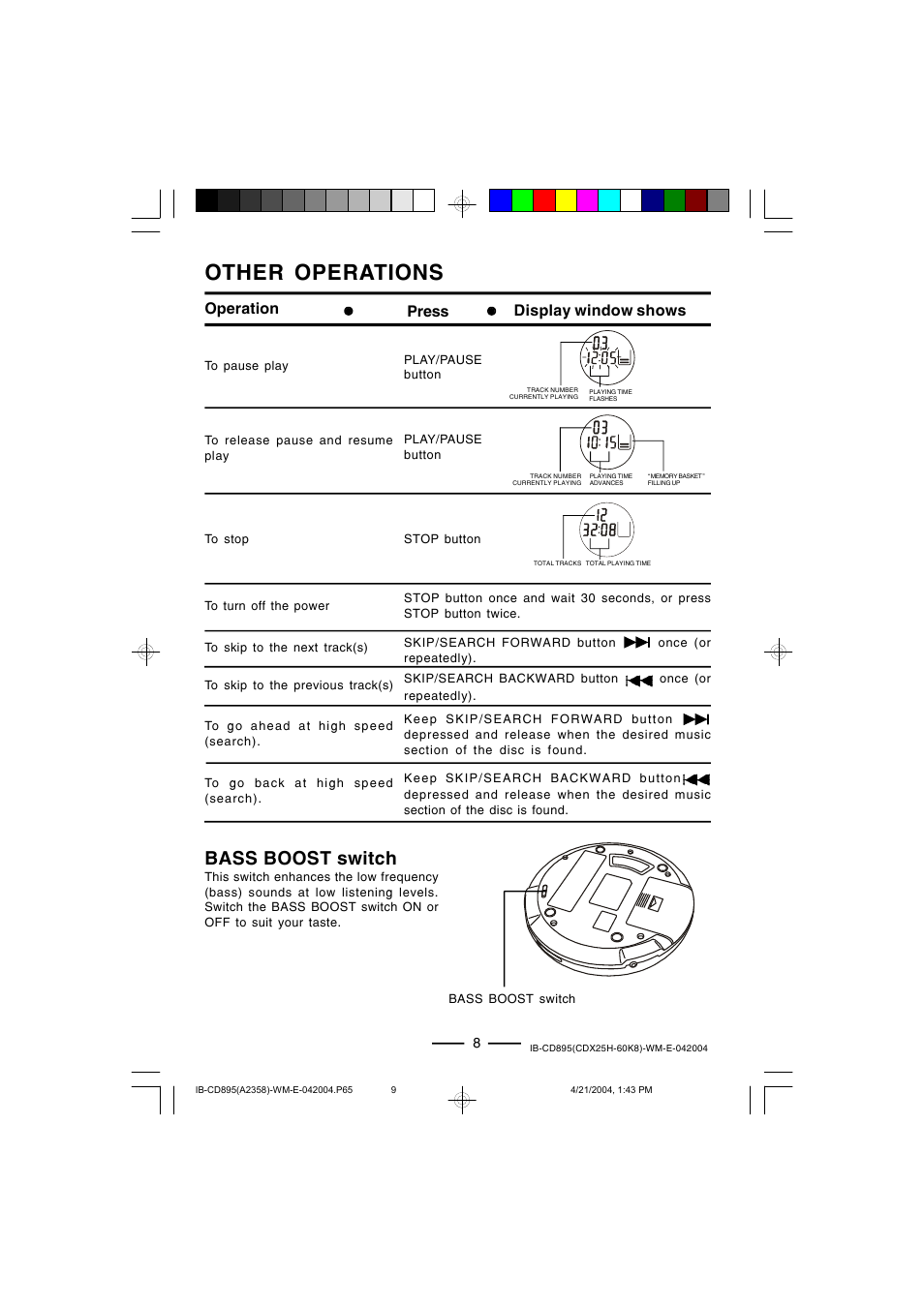 Other operations, Bass boost switch, Operation press display window shows | Lenoxx Electronics CD-895 User Manual | Page 9 / 18