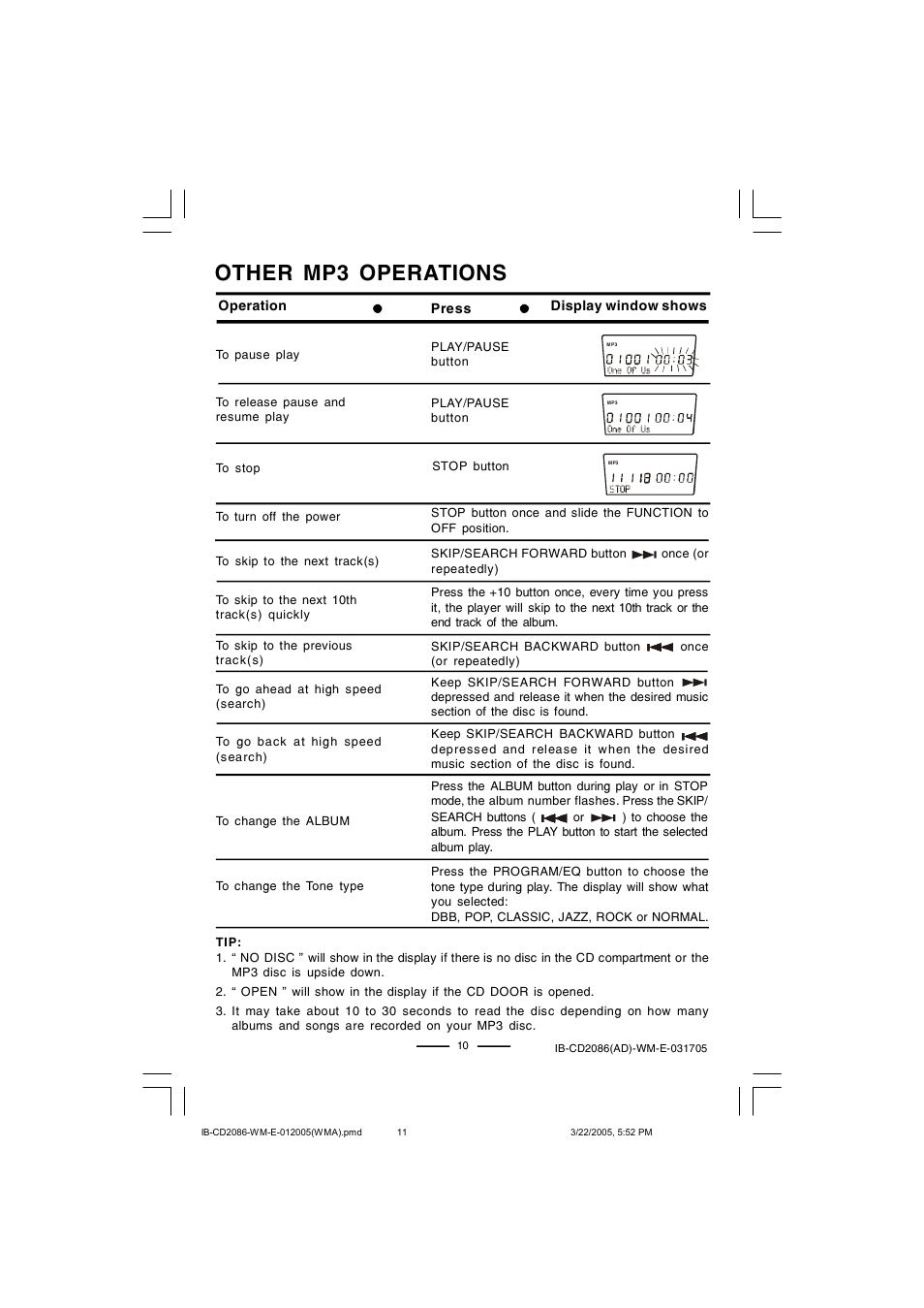 Other mp3 operations | Lenoxx Electronics CD-2086 User Manual | Page 11 / 21