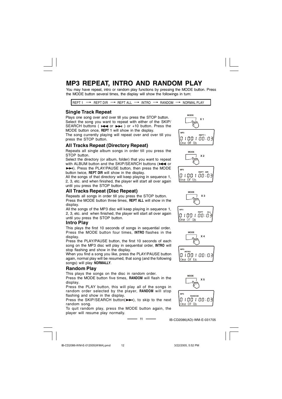 Mp3 repeat, intro and random play, All tracks repeat (disc repeat), Intro play | Single track repeat, All tracks repeat (directory repeat), Random play | Lenoxx Electronics CD-2086 User Manual | Page 12 / 21