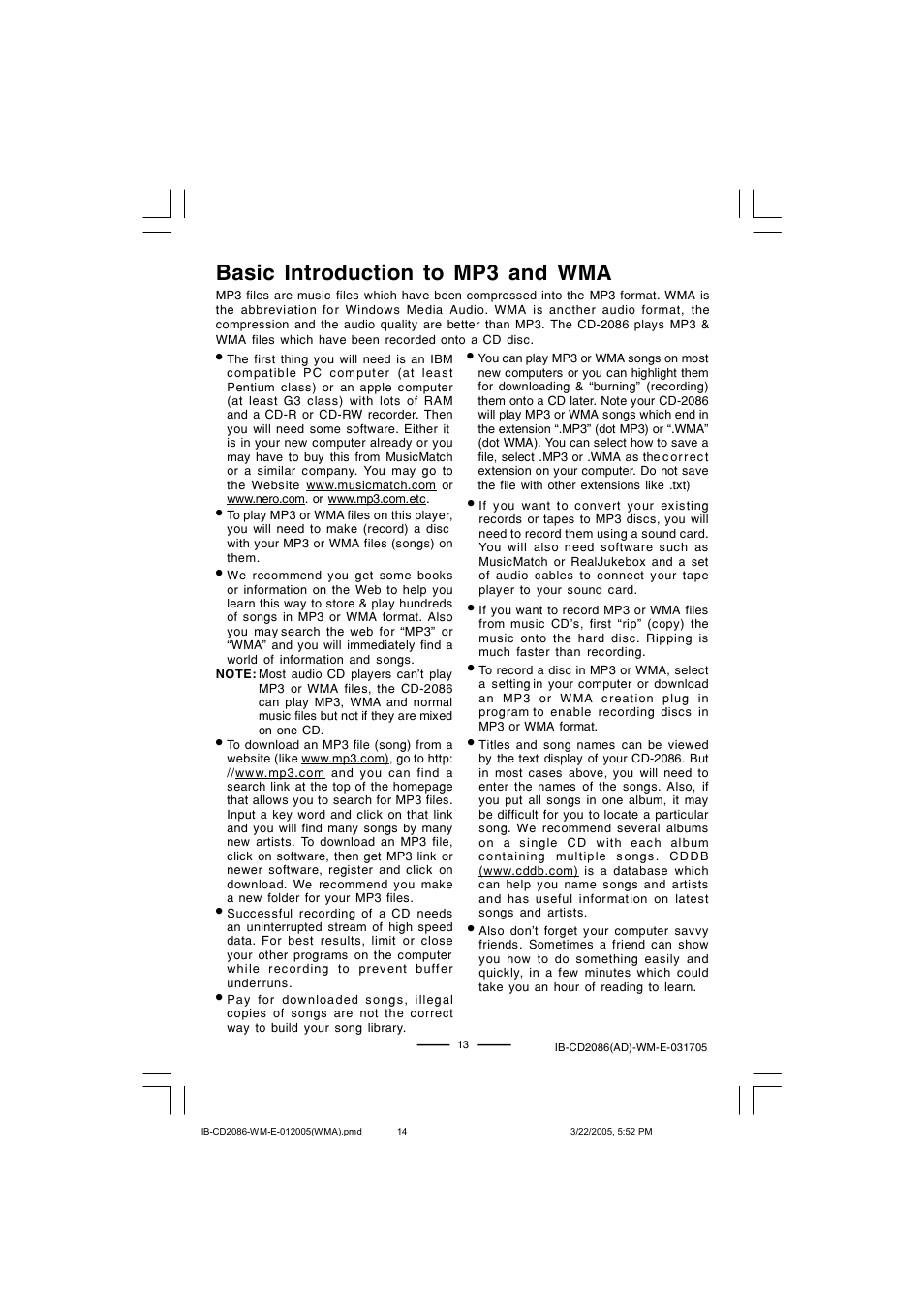 Basic introduction to mp3 and wma | Lenoxx Electronics CD-2086 User Manual | Page 14 / 21