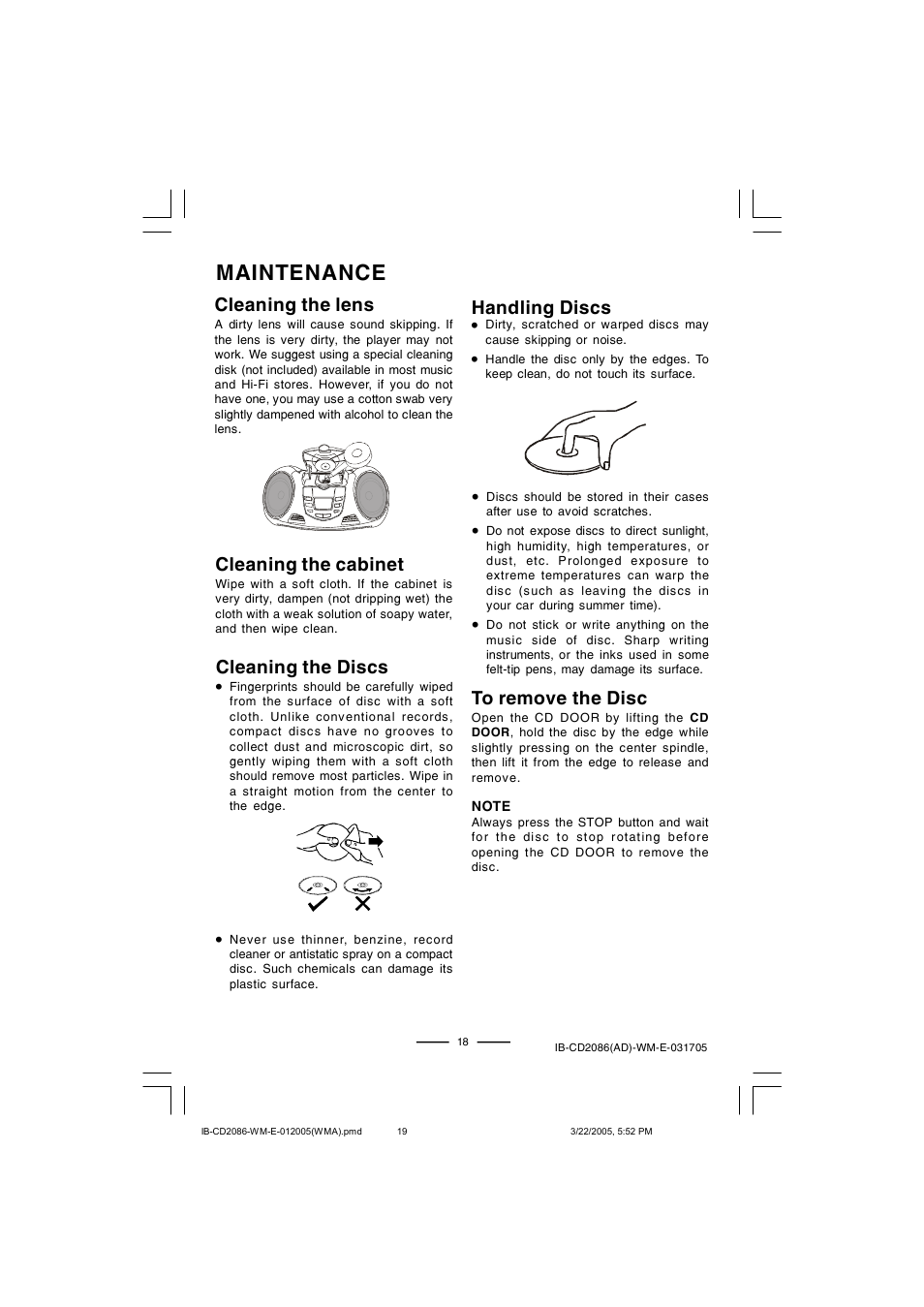 Maintenance, Cleaning the cabinet, Cleaning the lens | Cleaning the discs, Handling discs | Lenoxx Electronics CD-2086 User Manual | Page 19 / 21