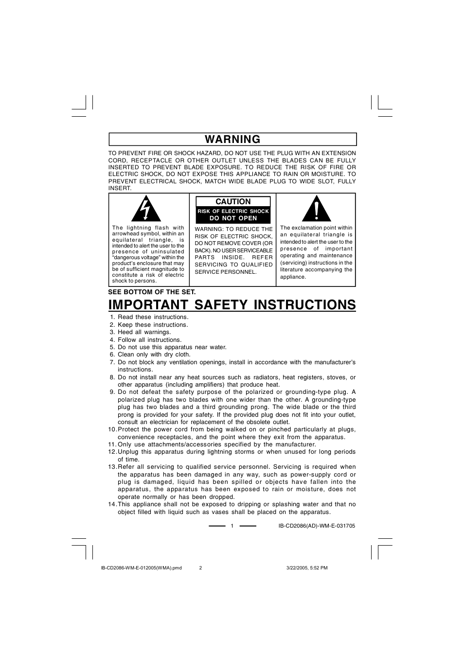 Important safety instructions, Warning, Caution | Lenoxx Electronics CD-2086 User Manual | Page 2 / 21