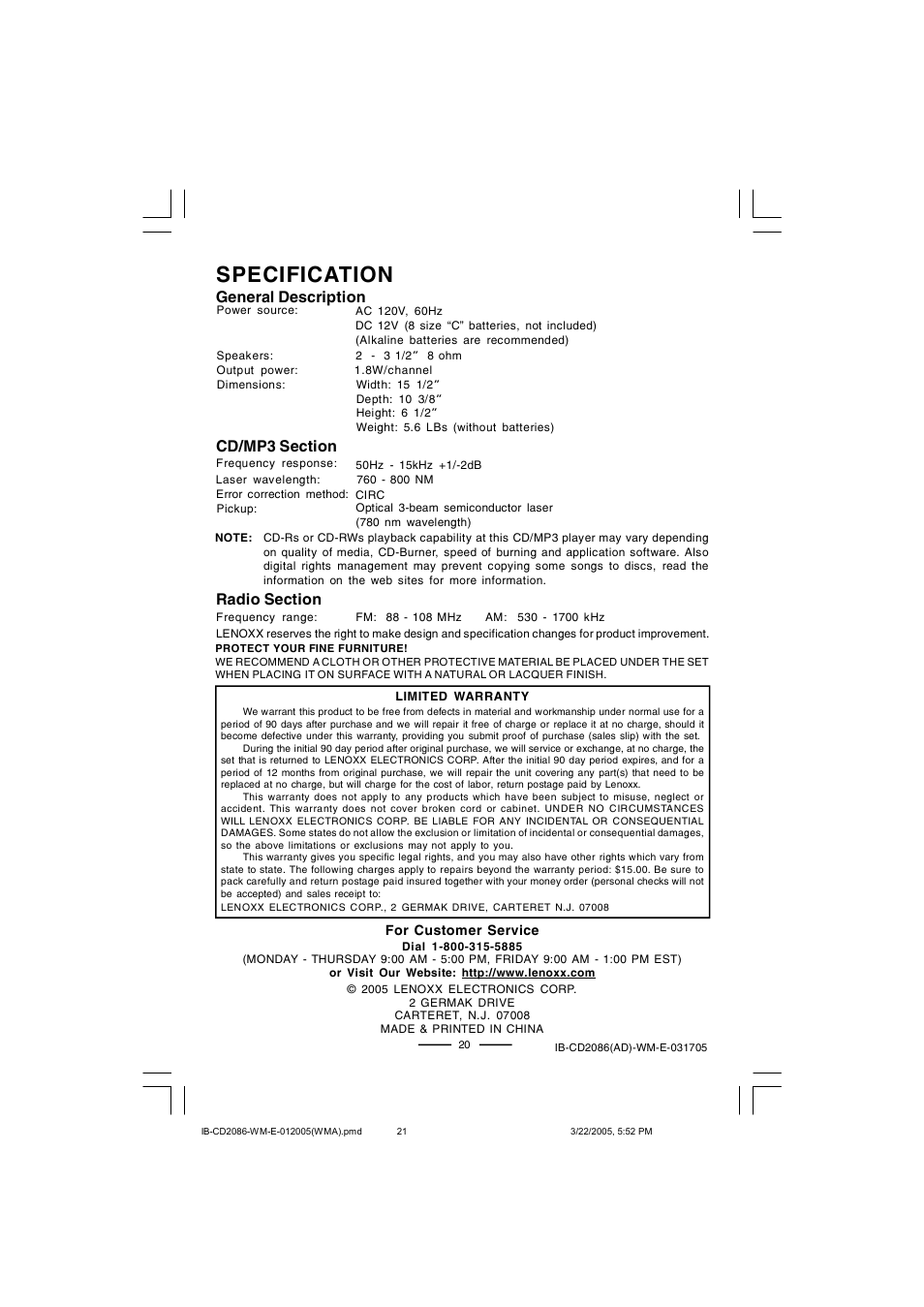 Specification | Lenoxx Electronics CD-2086 User Manual | Page 21 / 21
