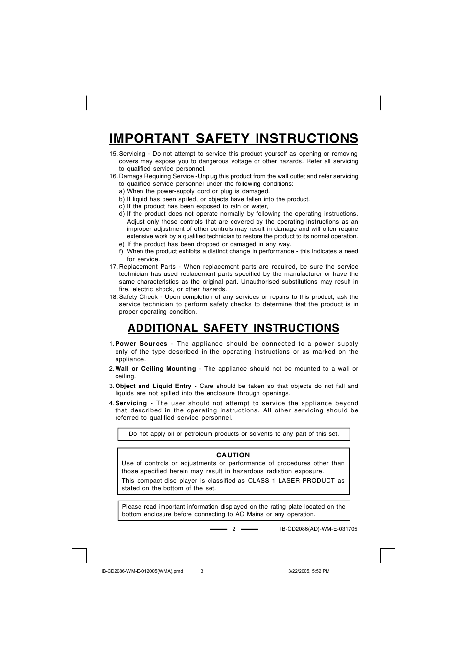 Important safety instructions, Additional safety instructions | Lenoxx Electronics CD-2086 User Manual | Page 3 / 21