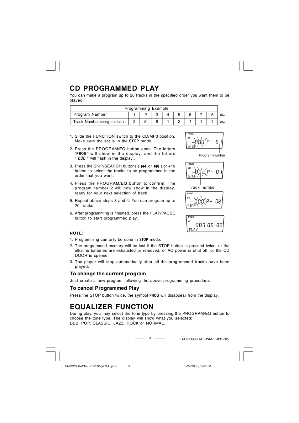 Cd programmed play, Equalizer function | Lenoxx Electronics CD-2086 User Manual | Page 9 / 21