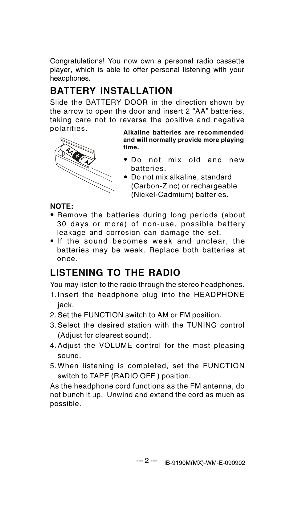 Battery installation, Listening to the radio | Lenoxx Electronics 9190M User Manual | Page 3 / 6