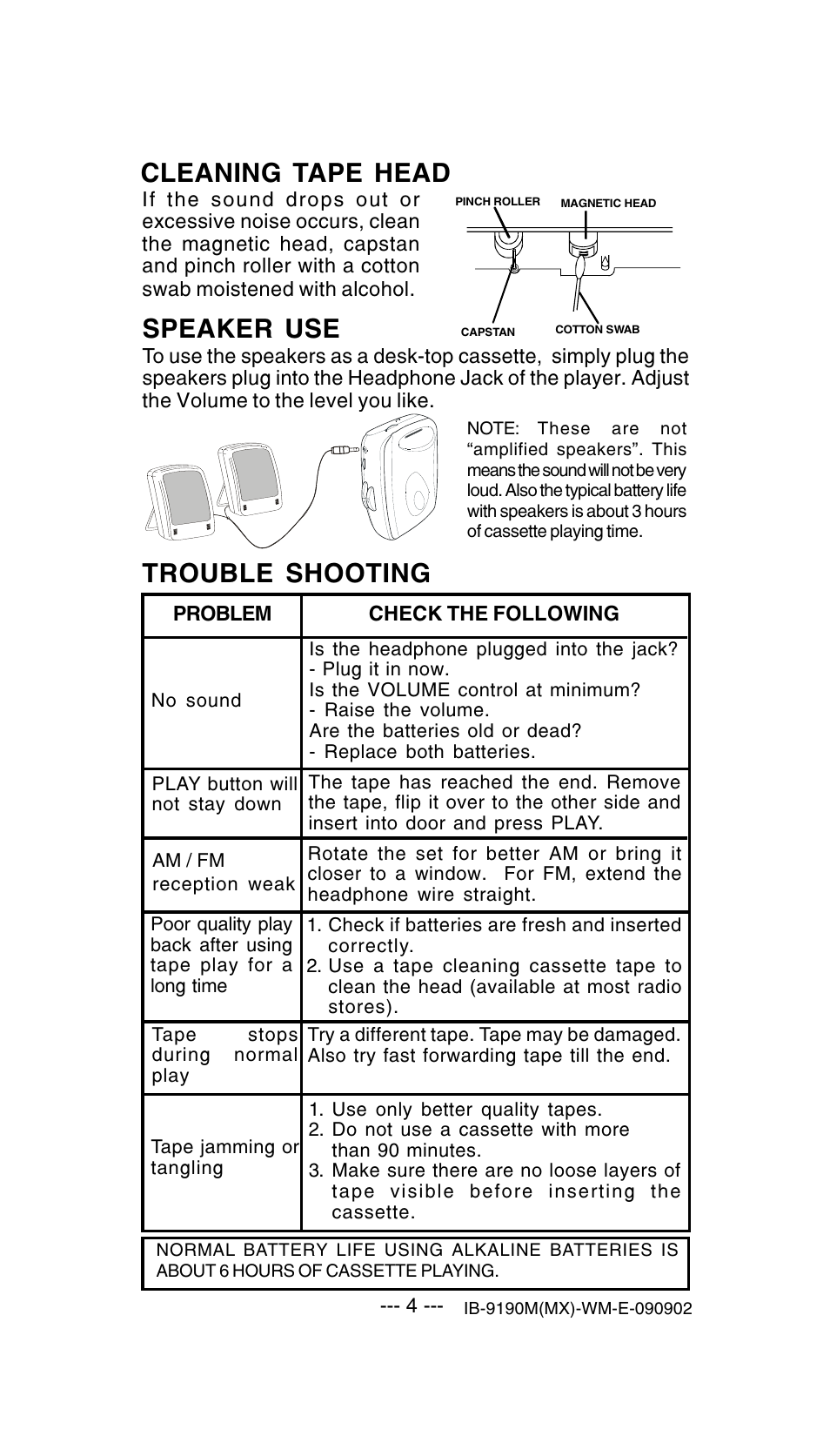Cleaning tape head trouble shooting, Speaker use | Lenoxx Electronics 9190M User Manual | Page 5 / 6
