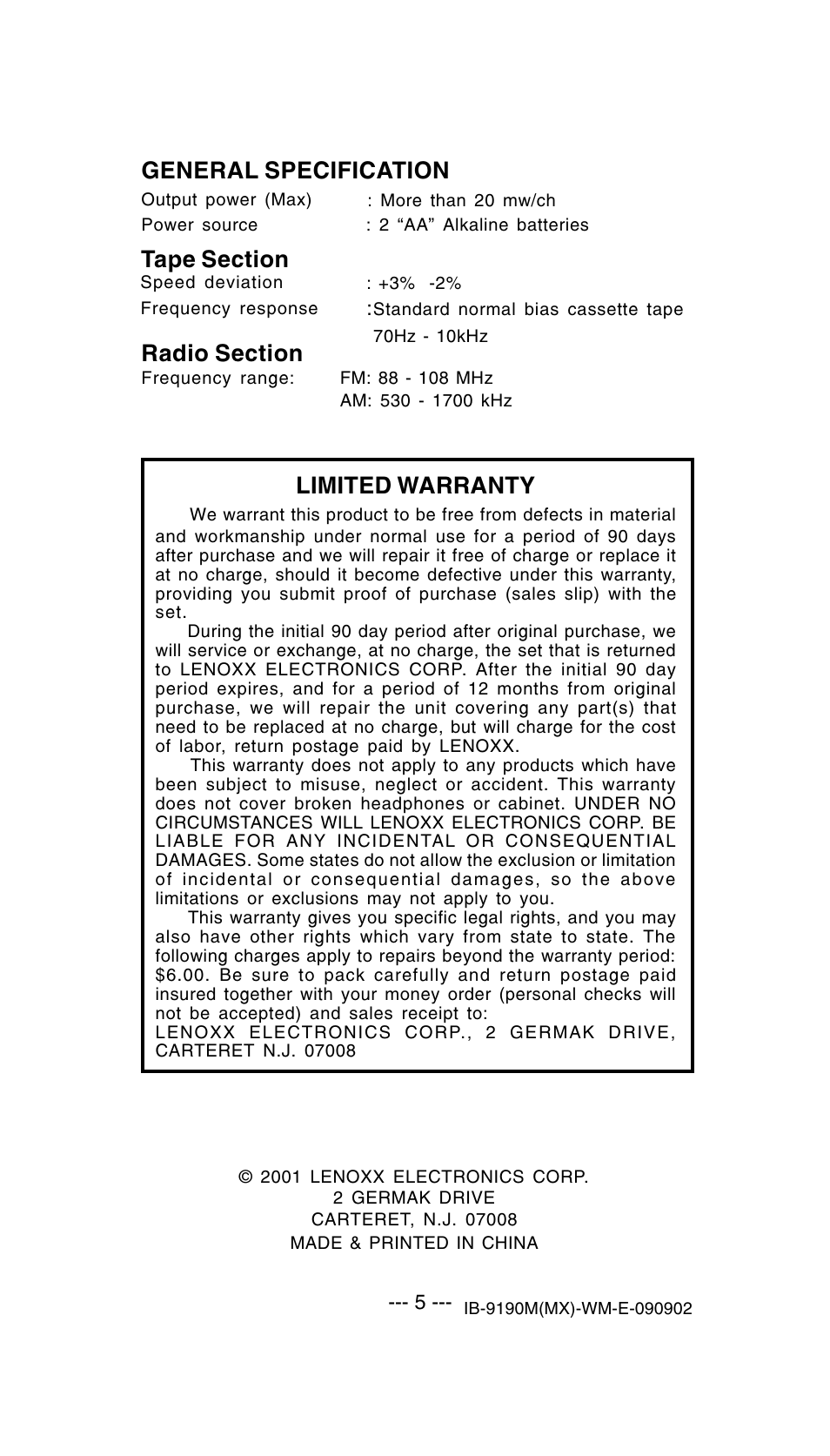Limited warranty, General specification | Lenoxx Electronics 9190M User Manual | Page 6 / 6