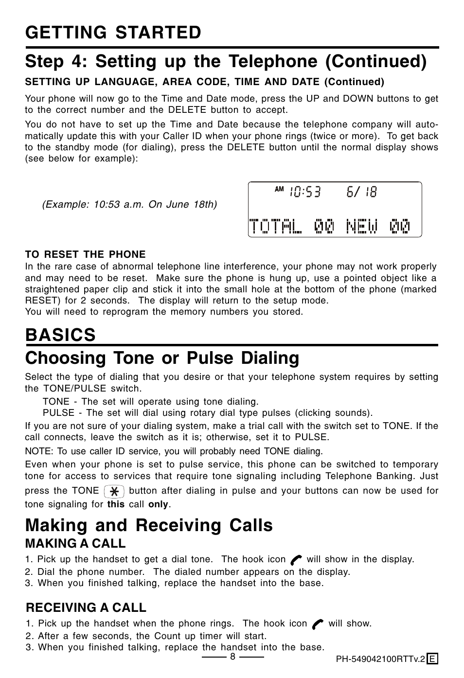 Basics making and receiving calls, Choosing tone or pulse dialing, Making a call | Receiving a call | Lenoxx Electronics PH-549 User Manual | Page 10 / 19