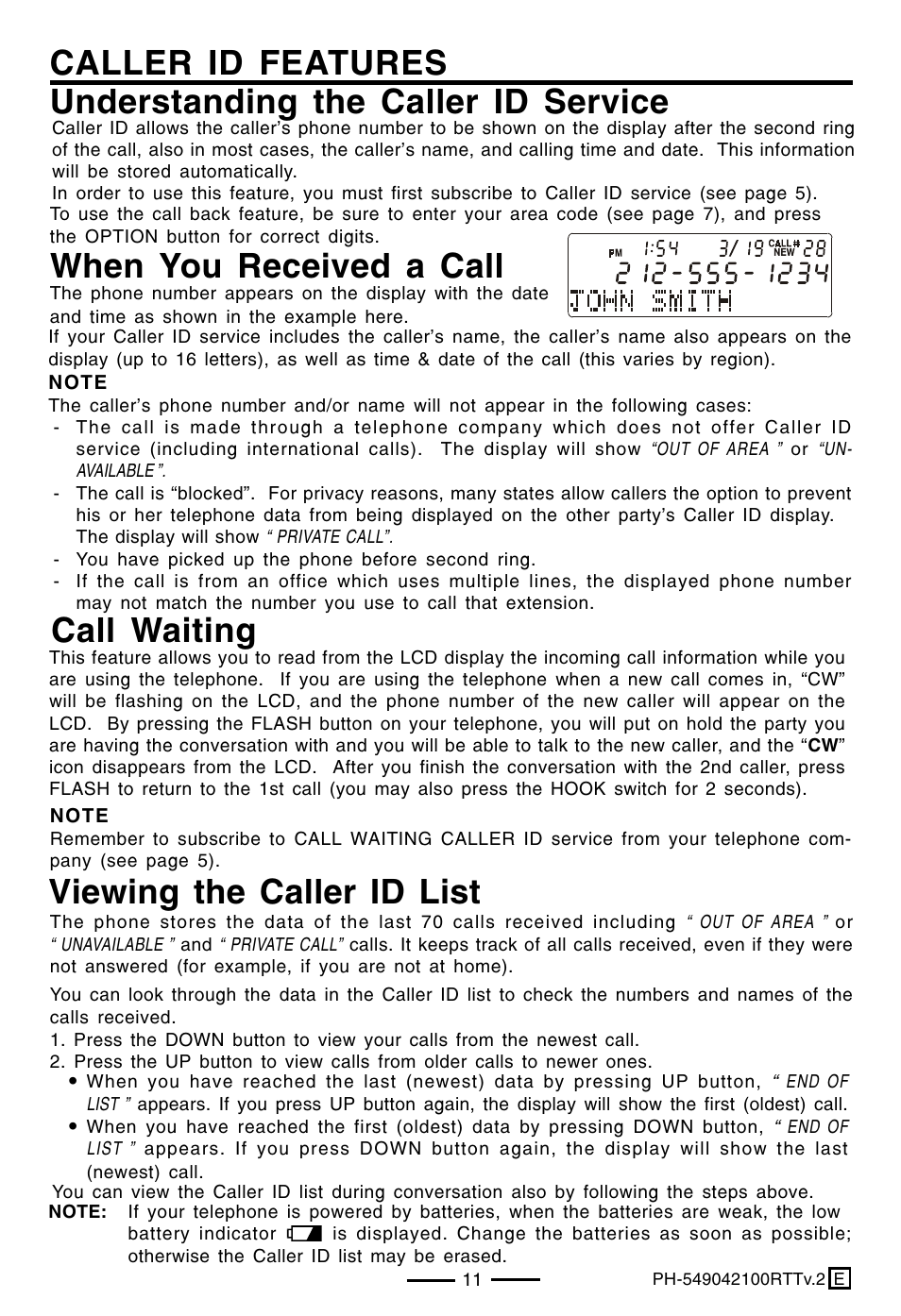 When you received a call, Viewing the caller id list, Call waiting | Lenoxx Electronics PH-549 User Manual | Page 13 / 19