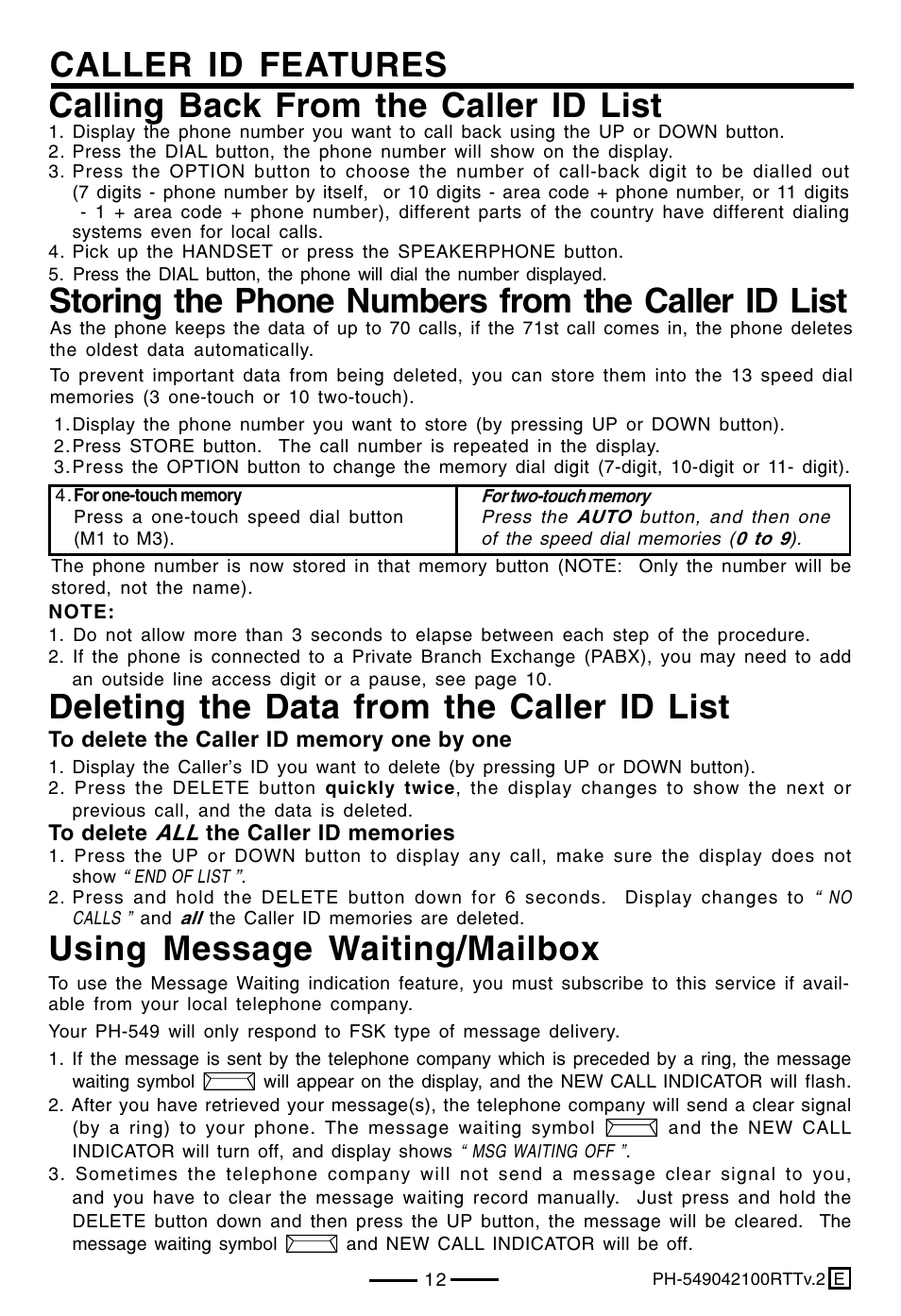 Deleting the data from the caller id list, Using message waiting/mailbox, Calling back from the caller id list | Lenoxx Electronics PH-549 User Manual | Page 14 / 19