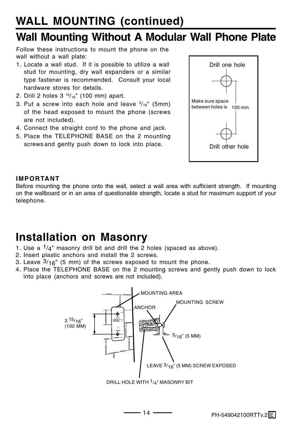 Wall mounting without a modular wall phone plate, Wall mounting (continued), Installation on masonry | Lenoxx Electronics PH-549 User Manual | Page 16 / 19