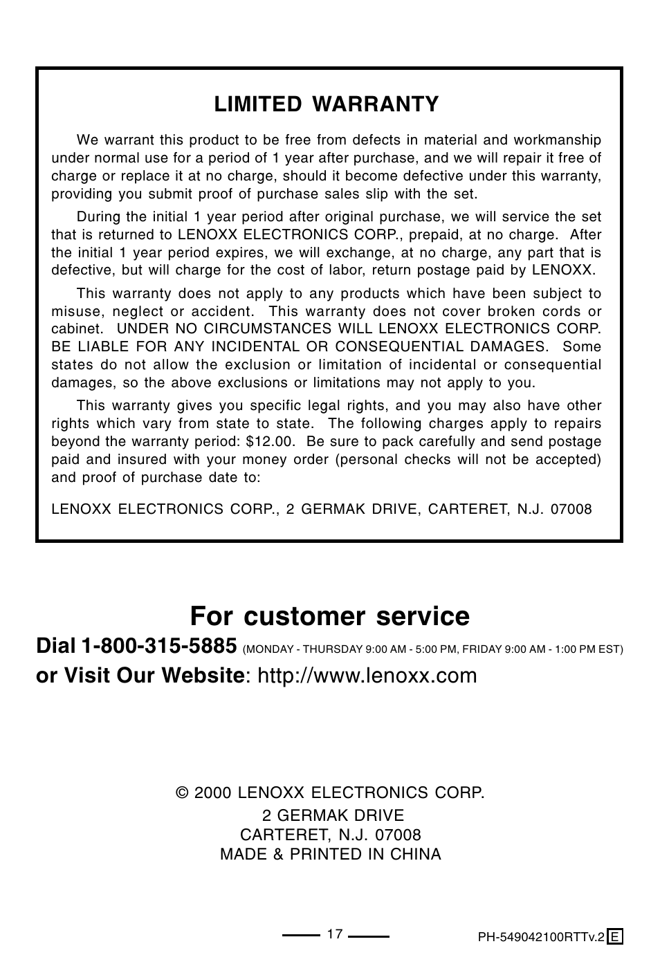 For customer service, Limited warranty | Lenoxx Electronics PH-549 User Manual | Page 19 / 19