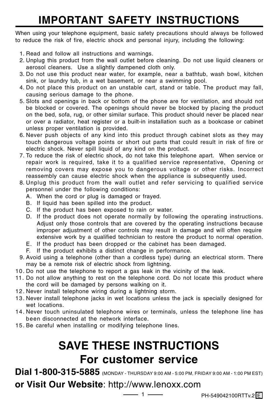 Save these instructions for customer service, Important safety instructions | Lenoxx Electronics PH-549 User Manual | Page 3 / 19