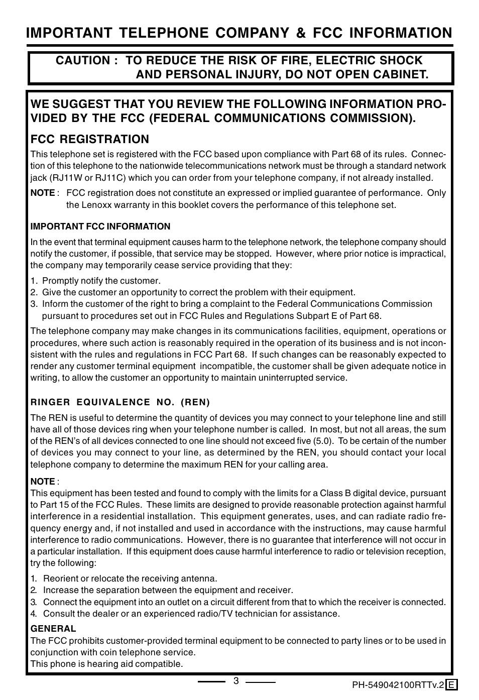 Important telephone company & fcc information, Fcc registration | Lenoxx Electronics PH-549 User Manual | Page 5 / 19