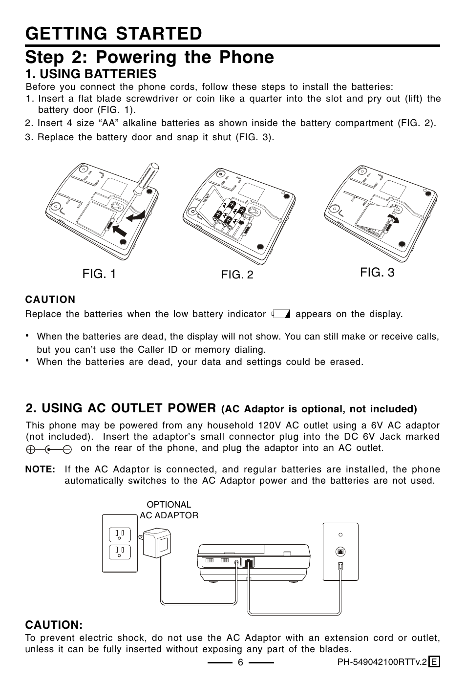 Getting started, Step 2: powering the phone, Using batteries | Fig. 1 fig. 3 2. using ac outlet power | Lenoxx Electronics PH-549 User Manual | Page 8 / 19