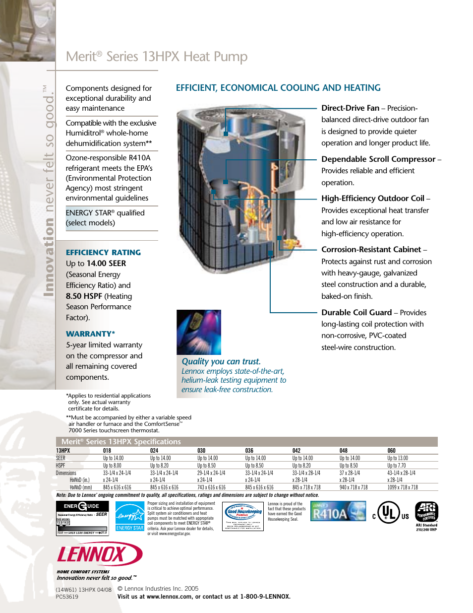 Merit, Series 13hpx heat pump, Efficient, economical cooling and heating | Lenoxx Electronics 13HPX User Manual | Page 2 / 2