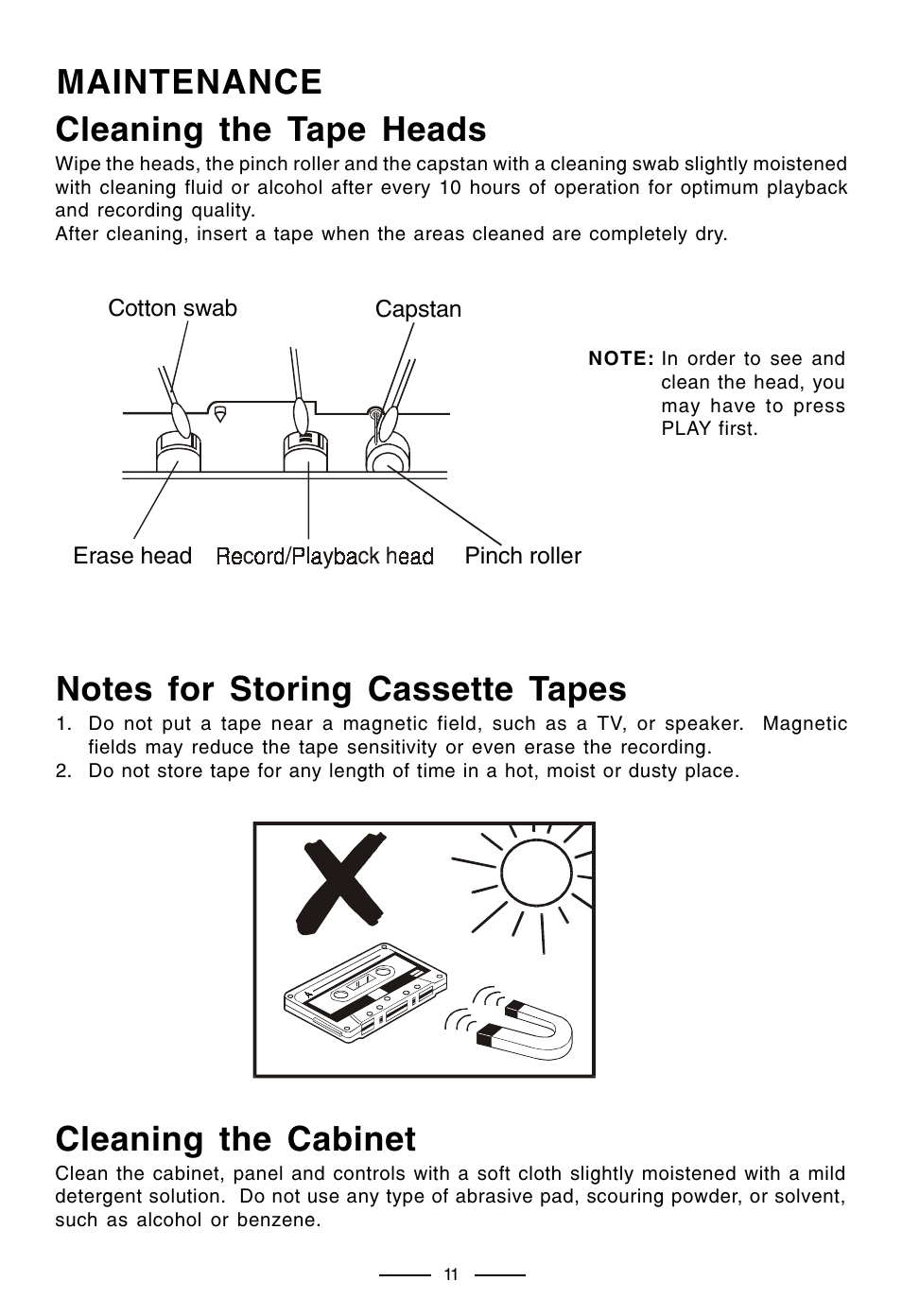 Maintenance cleaning the tape heads, Cleaning the cabinet | Lenoxx Electronics CT-99 User Manual | Page 12 / 14