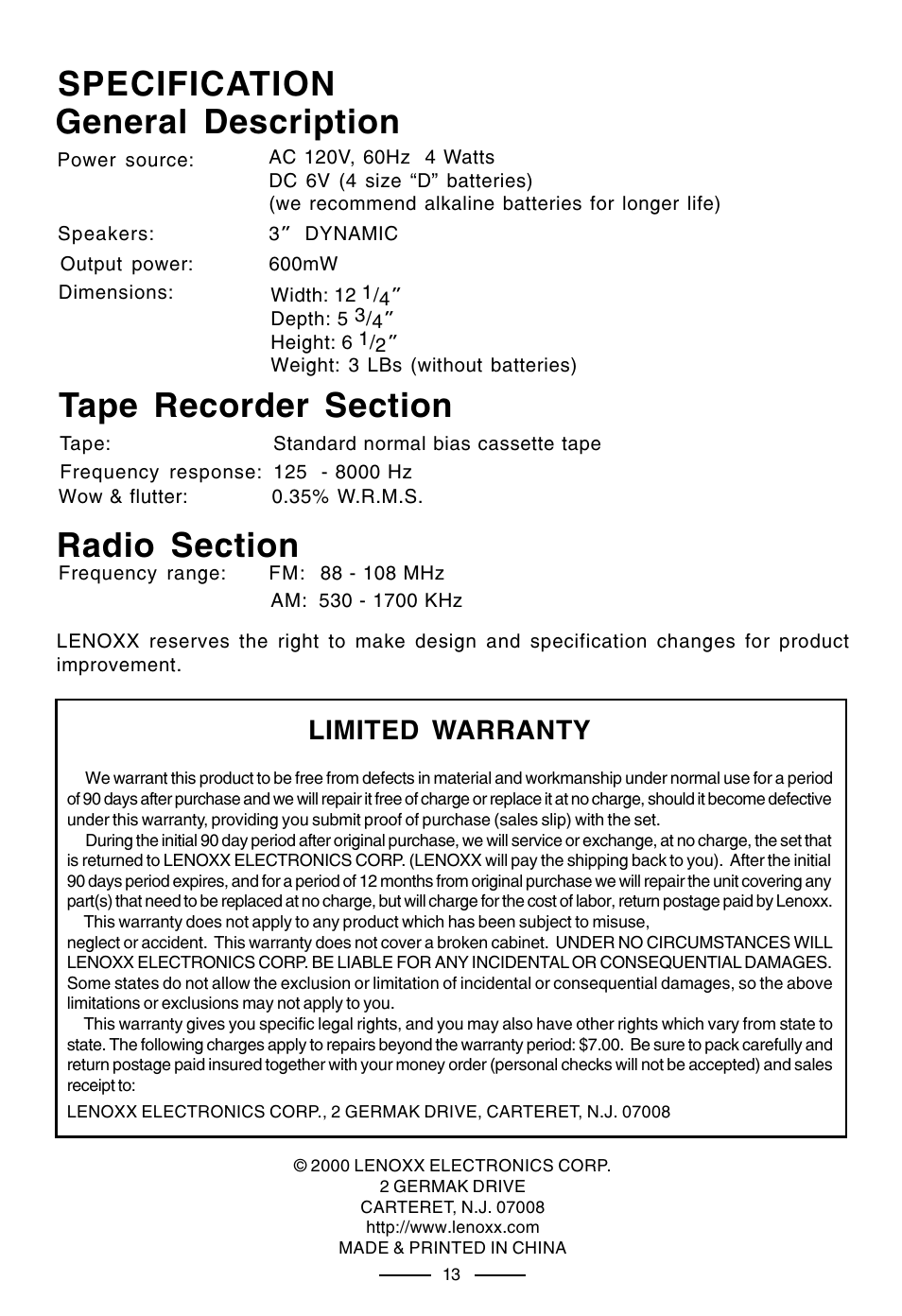 Specification general description, Limited warranty | Lenoxx Electronics CT-99 User Manual | Page 14 / 14