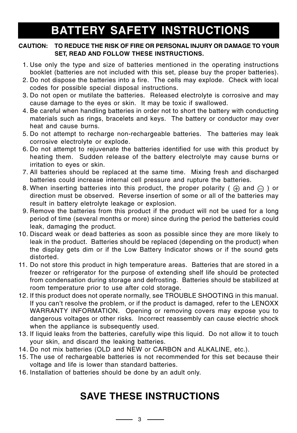 Battery safety instructions, Save these instructions | Lenoxx Electronics CT-99 User Manual | Page 4 / 14