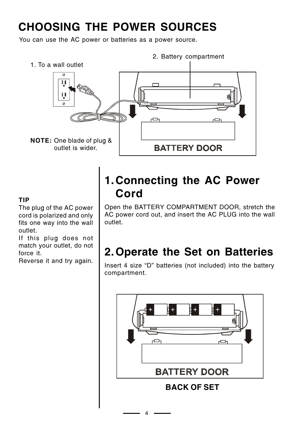 Choosing the power sources, Connecting the ac power cord, Operate the set on batteries | Lenoxx Electronics CT-99 User Manual | Page 5 / 14