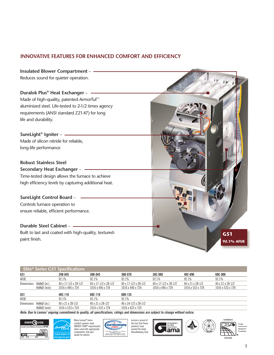 Insulated blower compartment, Duralok plus, Heat exchanger | Surelight, Igniter, Robust stainless steel secondary heat exchanger, Surelight control board, Durable steel cabinet | Lenoxx Electronics G51 User Manual | Page 3 / 4