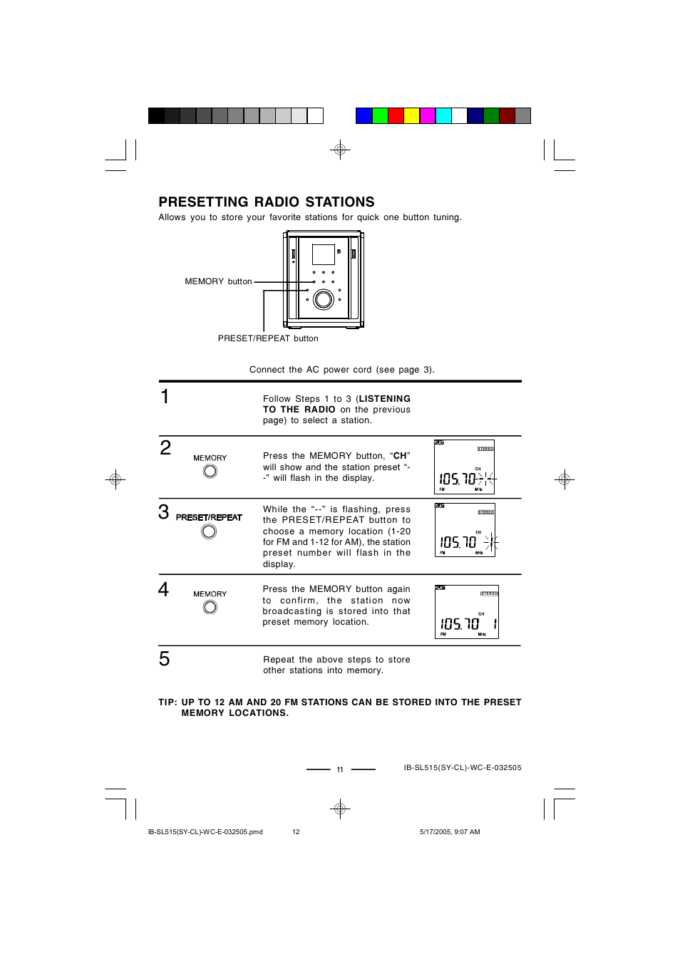 Presetting radio stations | Lenoxx Electronics SL515 User Manual | Page 12 / 17