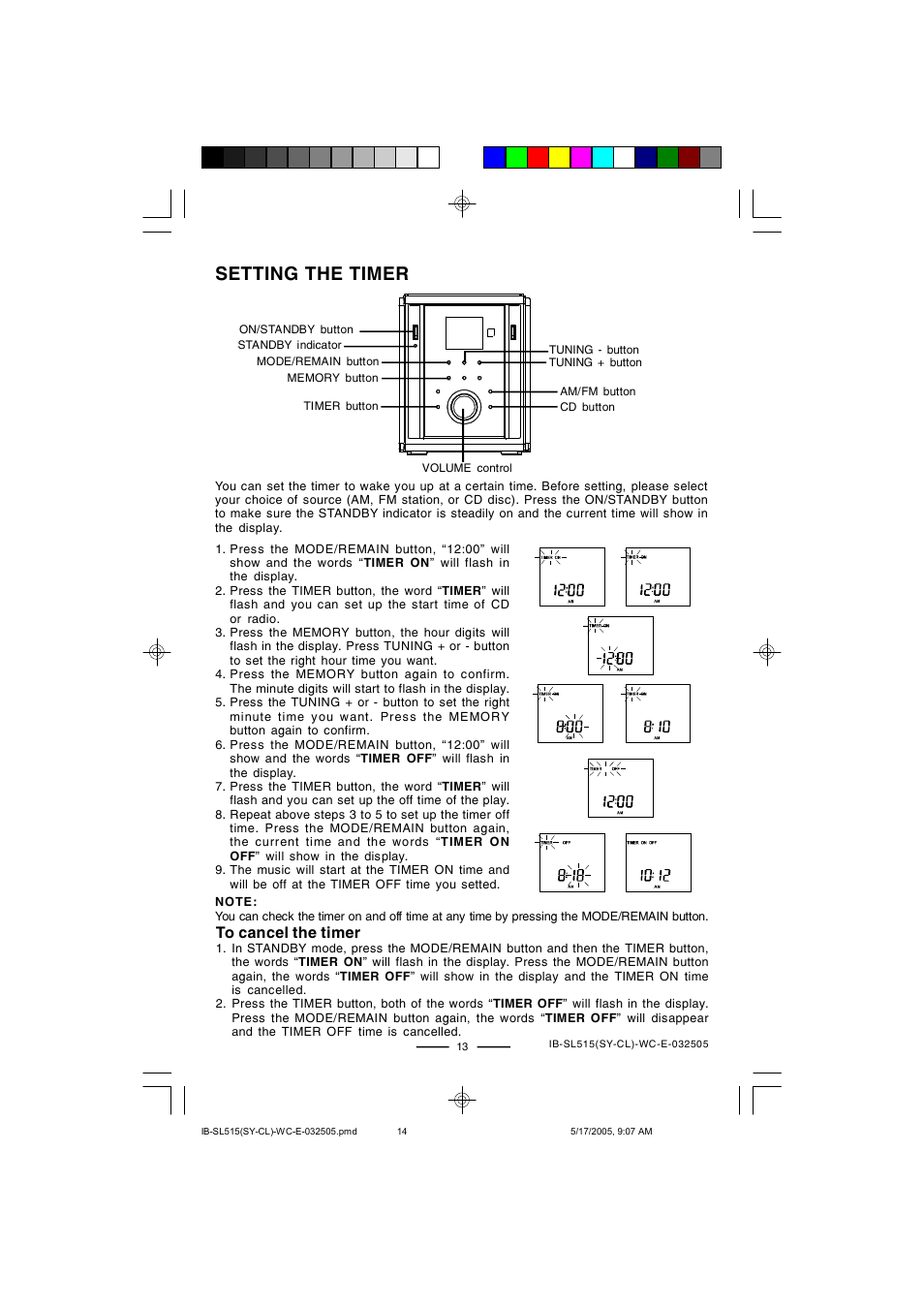 Setting the timer | Lenoxx Electronics SL515 User Manual | Page 14 / 17