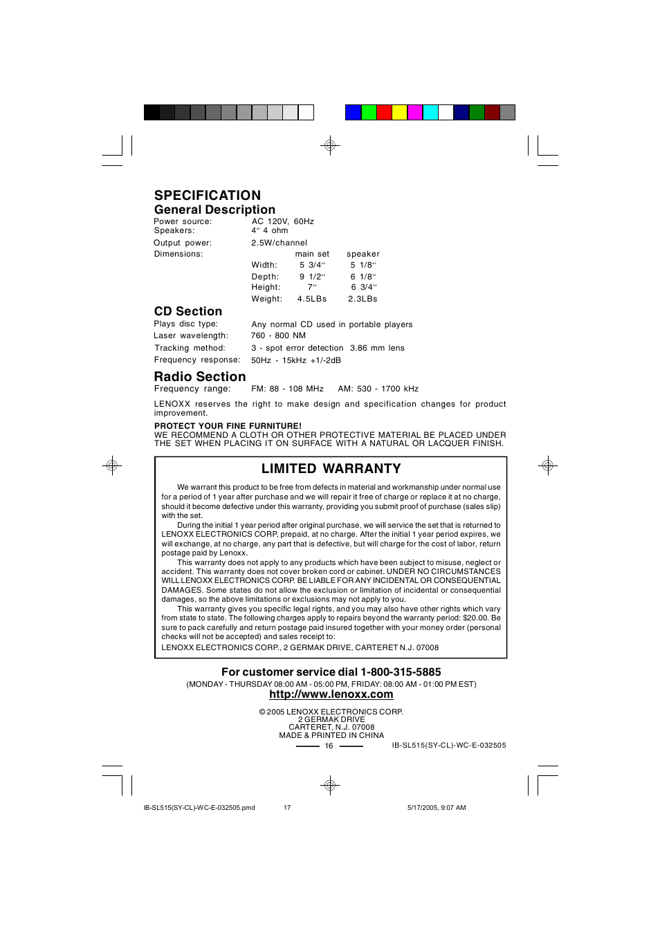 Specification, Limited warranty, General description | Lenoxx Electronics SL515 User Manual | Page 17 / 17