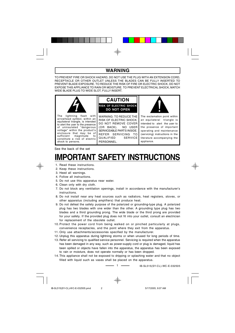 Important safety instructions, Warning, Caution | Lenoxx Electronics SL515 User Manual | Page 2 / 17