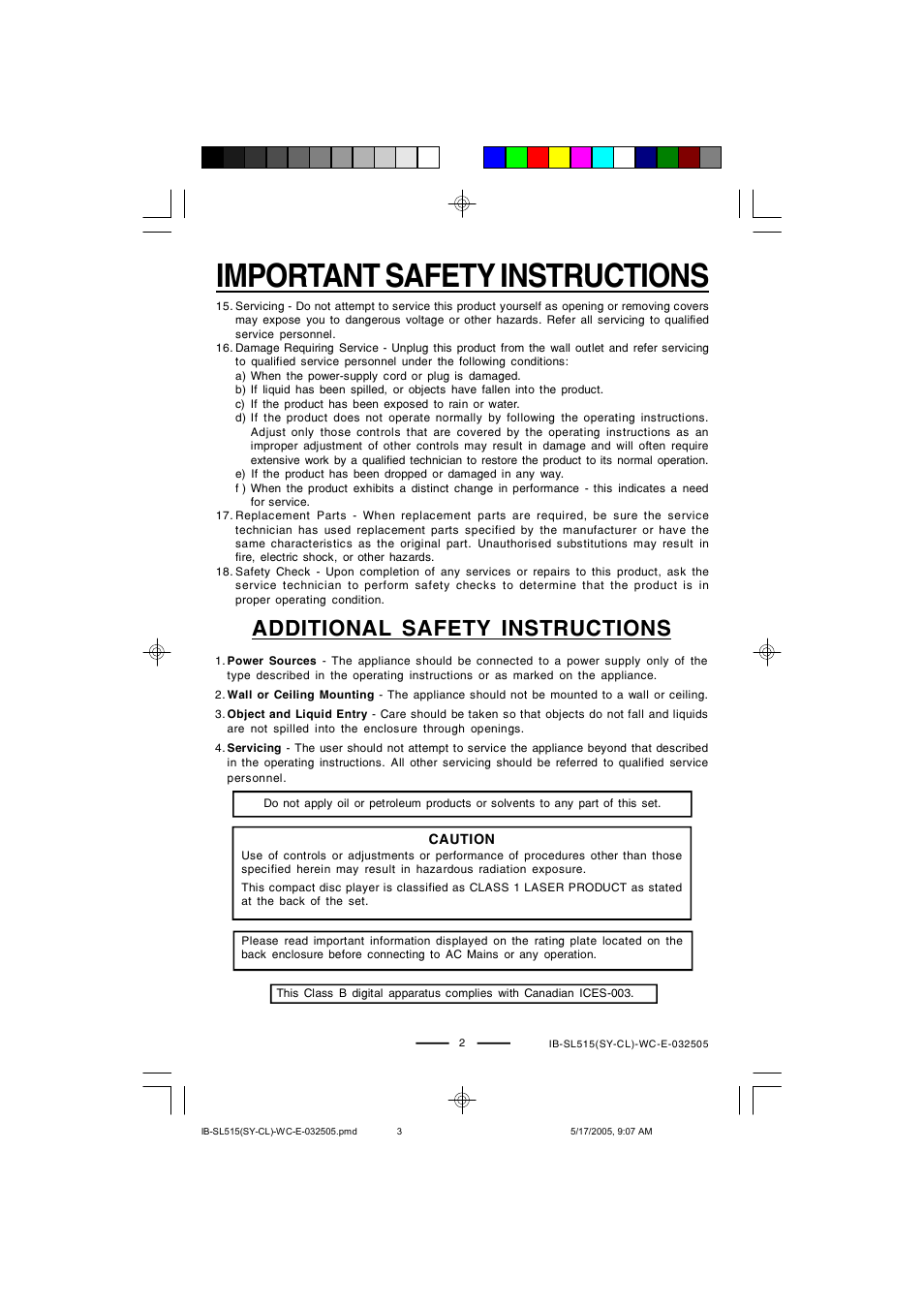 Important safety instructions, Additional safety instructions | Lenoxx Electronics SL515 User Manual | Page 3 / 17